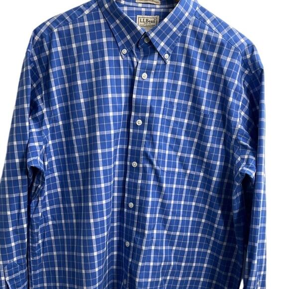 L.L. BEAN  Plaid Blue White Wrinkle & Stain Resistant Button Down Shirt Sz L - Picture 4 of 7